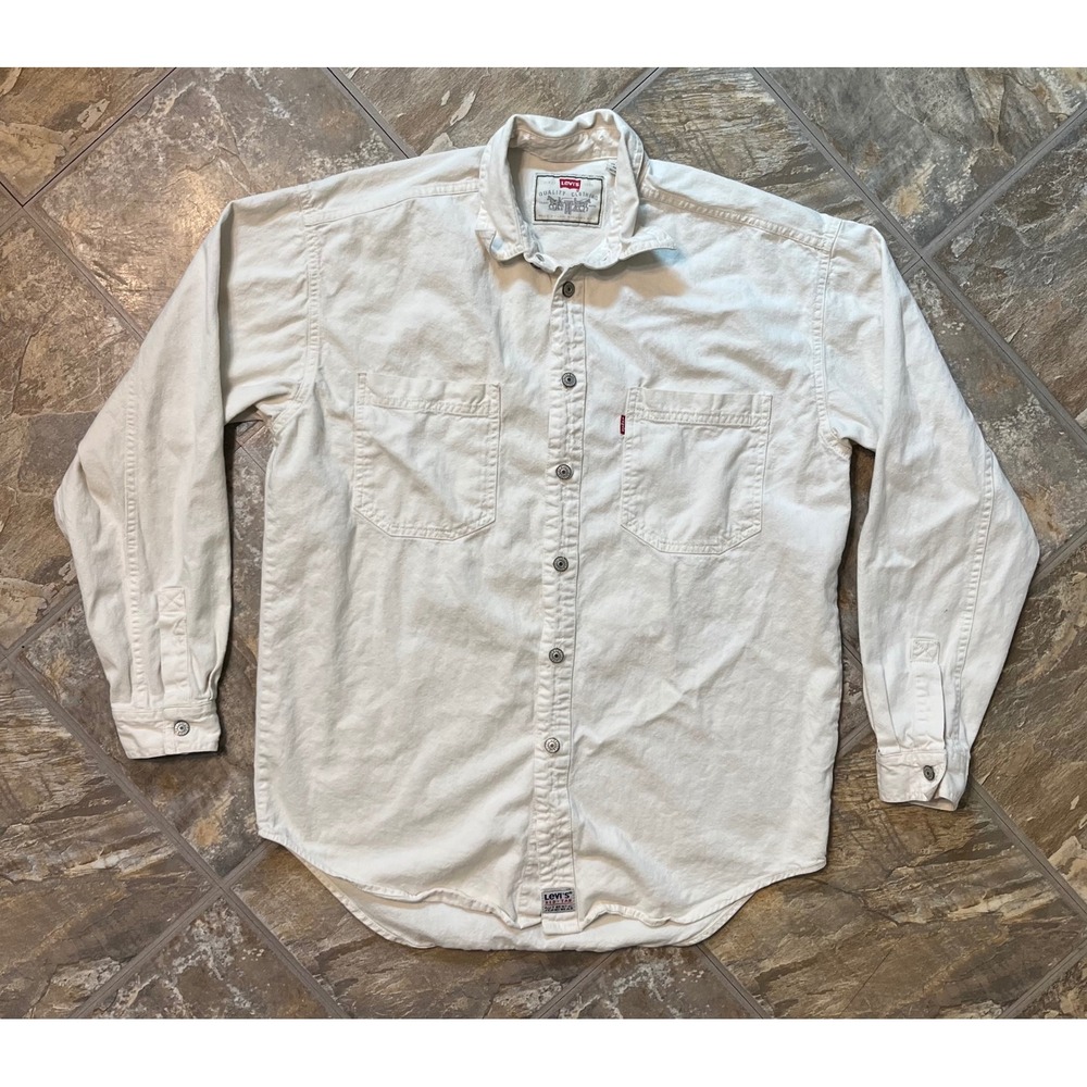Levis Denim Shirt Mens Medium Cream White Vintage Red Tab Long Sleeve